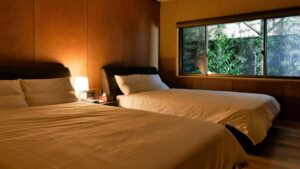 客房内窗边的两张床