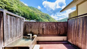 Bagno privato all'aperto con recinzione in legno e vista sulle montagne