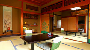 低いテーブルと座椅子のある畳の客室