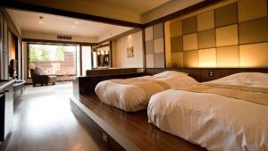Letti singoli in una moderna camera in stile tatami