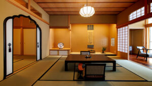 Tatami-Zimmer mit niedrigem Tisch und Bodenstühlen