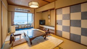 Tatami room with low table and window seating
