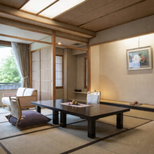 低いテーブルと座布団のある畳の部屋