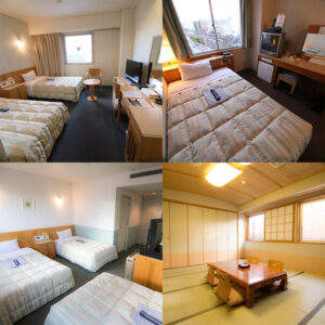Collage of guest room interiors with beds and tatami seating
