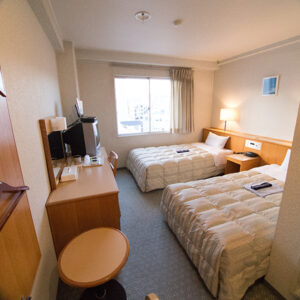 Twin beds in a compact guest room