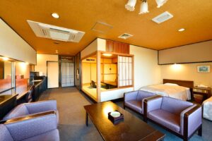 Guest room with armchairs, table, and bed