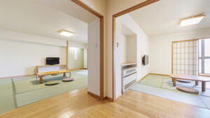 Tatami guest room with low tables and floor cushions