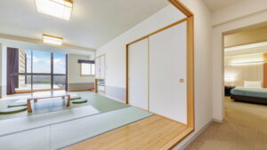 Tatami room with low table and floor cushions