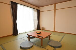 Tatami room with low table and floor cushions