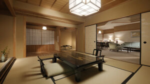 Tatami-Zimmer mit niedrigem Tisch und Bodenstühlen