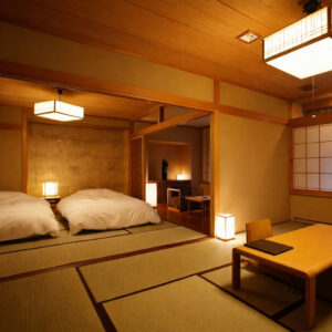 Tatami room with low beds and table seating