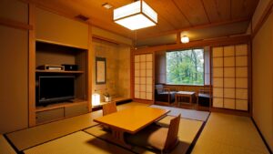 Tatami room with low table and floor chairs
