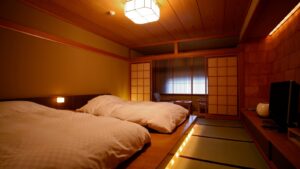 Two low beds in a tatami guest room