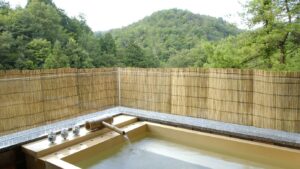 带竹篱和山景的私人露天浴池