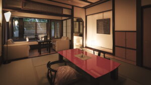 Tatamizimmer mit niedrigem Tisch und Sitzbereich