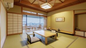 Camera in tatami con tavolo basso e sedie da pavimento
