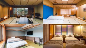 Collage aus vier Gästezimmern mit Betten und Tatami-Sitzbereich