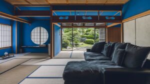 Tatami-Gästezimmer mit schwarzem Sofa und Gartenblick