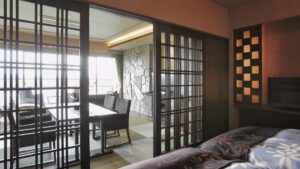 卧室内设有床铺，旁边是起居区