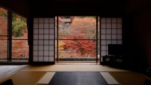畳の客室の窓越しに見える秋の木々