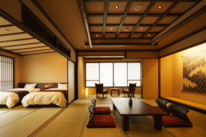 Tatami room with low table and twin beds
