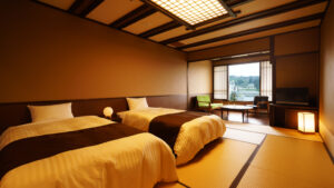 Twin beds in a tatami guest room