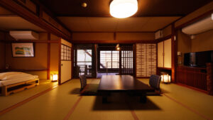 Chambre d’hôtes en tatami avec table basse et chaises