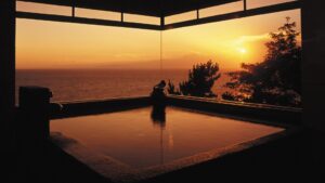 Bain privé face à l’océan au coucher du soleil