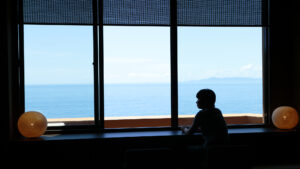 Silhouette près de la fenêtre avec vue sur l’océan