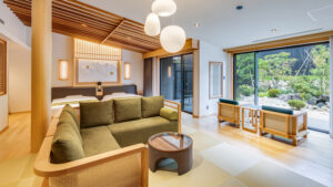 Living area with sofa and garden-facing windows