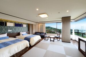 Tatami guest room with three beds and window seating