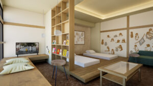 Guest room with two low beds and a table