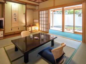Tatami room with low table and floor chairs
