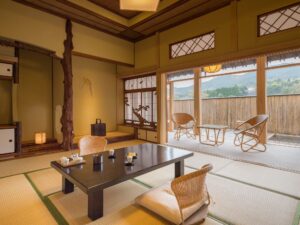 Tatami room with low table and floor chairs