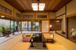 Tatami room with low table and floor chairs