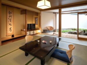 Tatami room with low table and floor chairs