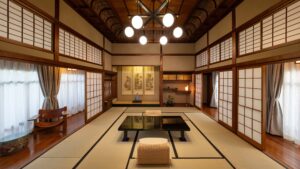 Traditional tatami room with sunken table and floor cushions