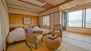 Twin beds and tatami seating area by window
