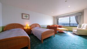 Letti singoli in una camera con area salotto con divano