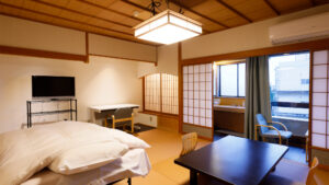 Futon bedding in a tatami guest room