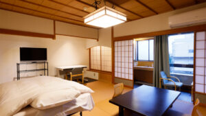 Futon bedding in a tatami guest room