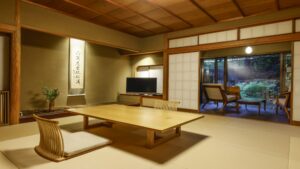 Tatami room with low table and chairs by window