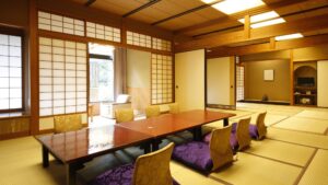Tatami room with low table and floor chairs