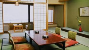 Tatami room with low table and floor cushions
