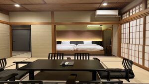 Tatami room with low table and twin beds