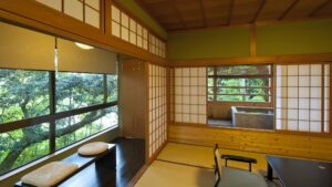Tatami room with low table and window counter seating