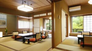 Tatami room with low tables and floor chairs