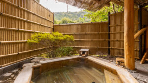 Baño privado al aire libre de madera con cerca de bambú