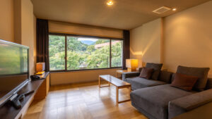 Zona de estar con sofá junto a una gran ventana en la habitación