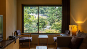 Dos sillas y un sofá junto a una gran ventana